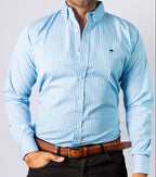 Camisa Hombre Casual Mini Cuadros Azul Blanco