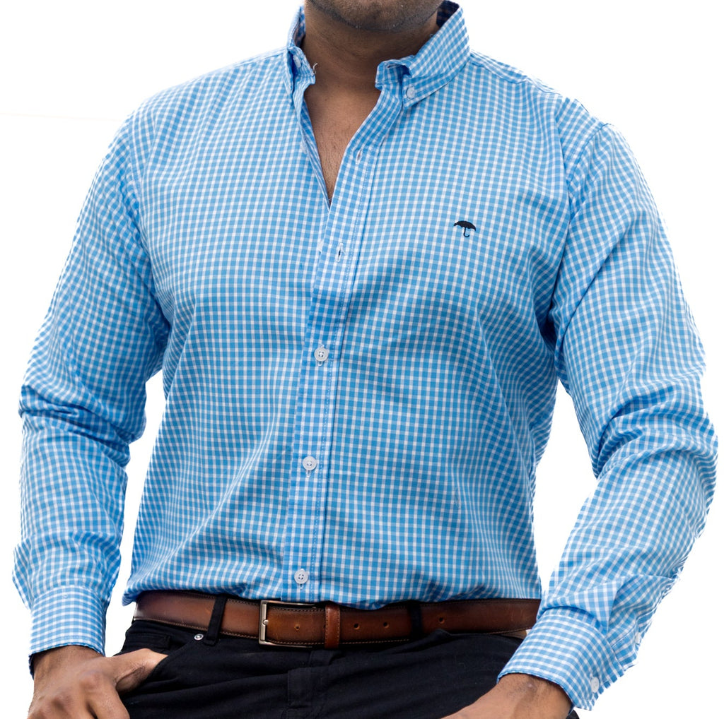 Camisa Hombre Casual Mini Cuadros Azul Blanco