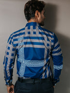 Camisa Hombre Casual Azul Detalle Griego Blanco Líneas Gris