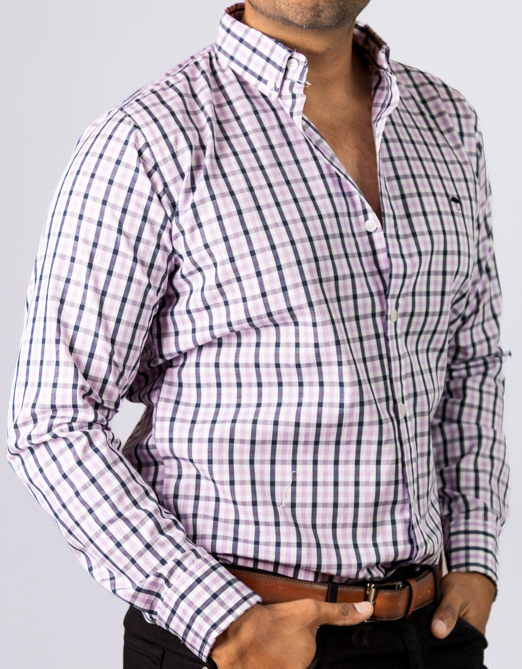 Camisa Hombre Casual Cuadros Lila Blanco Negro