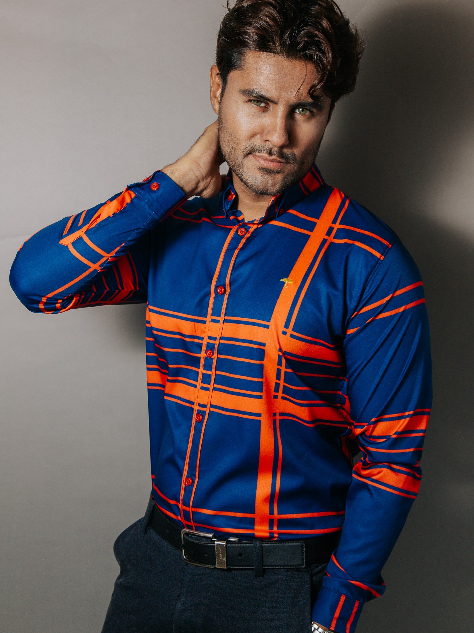 Camisa Hombre Casual Azul Rey Líneas Rojas