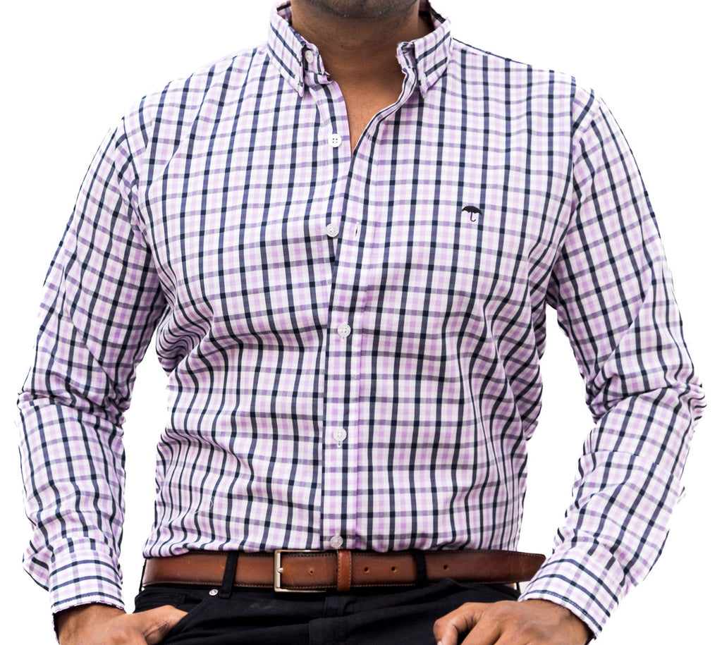 Camisa Hombre Casual Cuadros Lila Blanco Negro