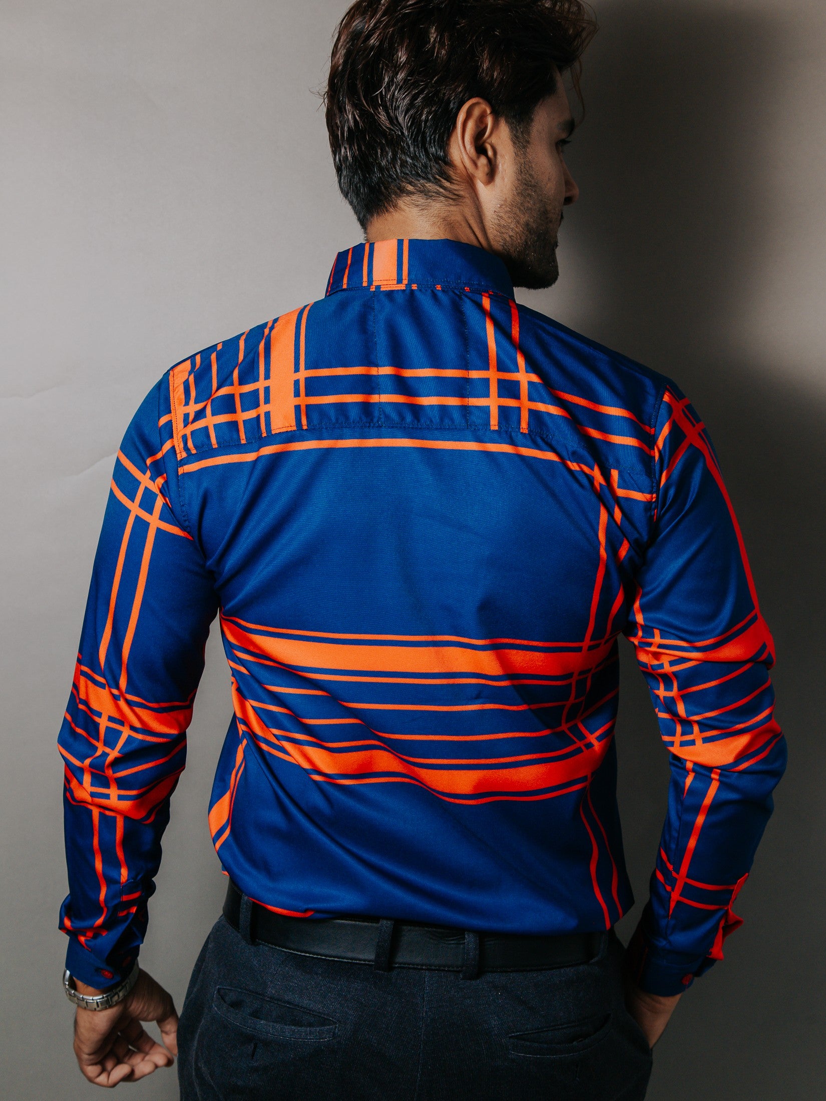 Camisa Hombre Casual Azul Rey Líneas Rojas