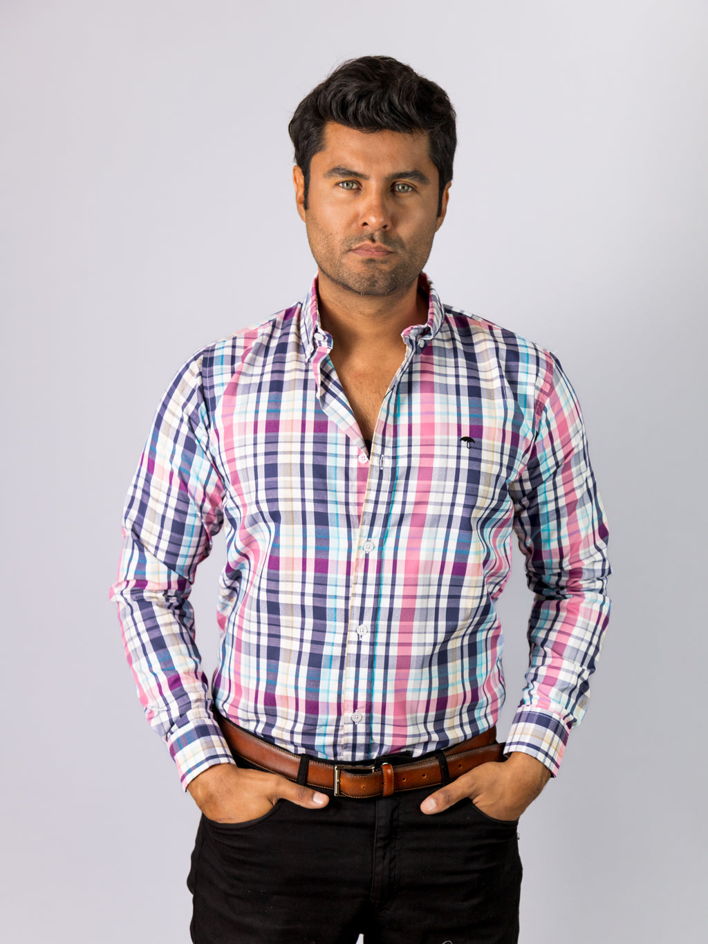 Camisa Hombre Casual Cuadros Blancos Rosas Azules