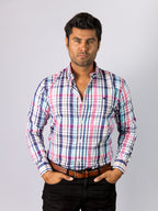 Camisa Hombre Casual Cuadros Blancos Rosas Azules