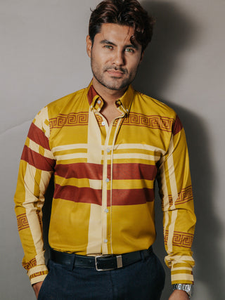 Camisa Hombre Casual Verde Olivo Detalle Griego Chocolate