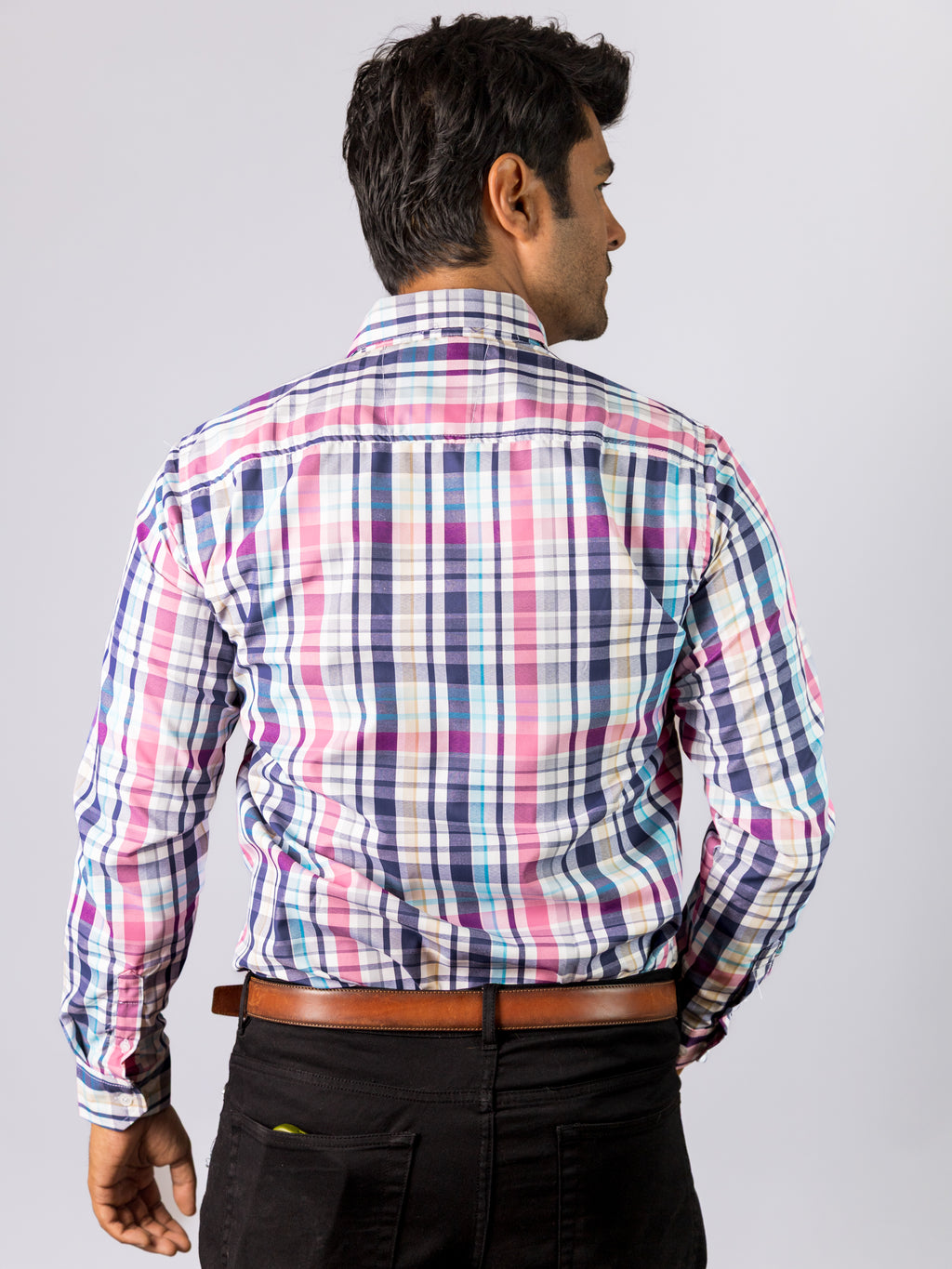 Camisa Hombre Casual Cuadros Blancos Rosas Azules