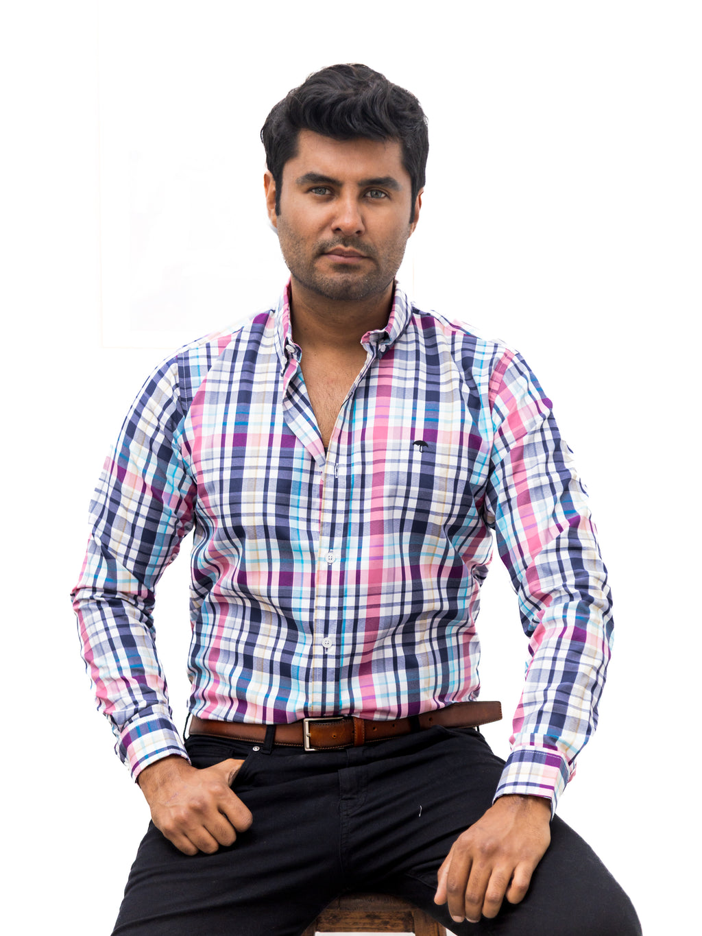 Camisa Hombre Casual Cuadros Blancos Rosas Azules