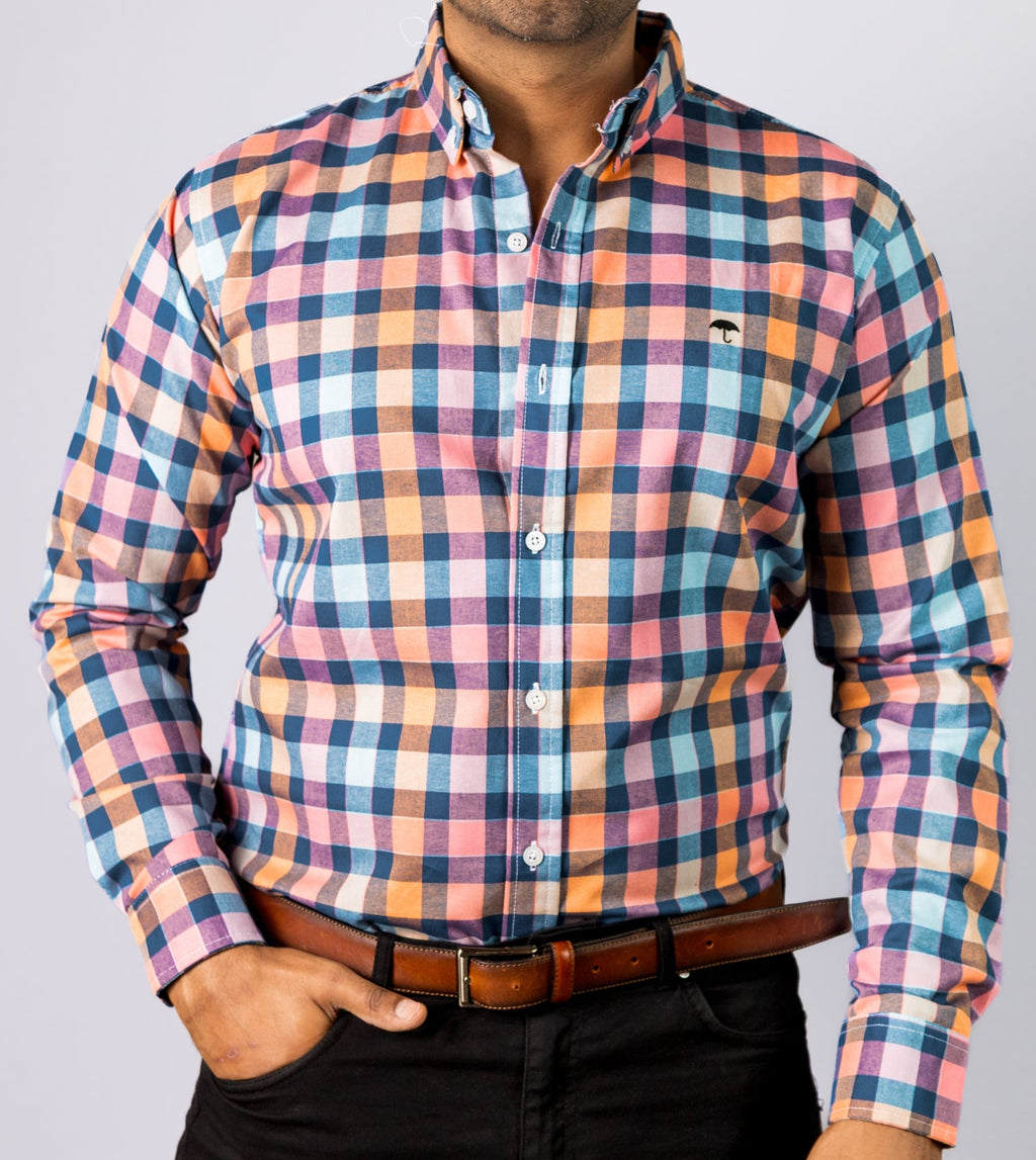 Camisa Hombre Casual Cuadros Azules Naranjas Rosas