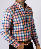 Camisa Hombre Casual Cuadros Azules Naranjas Rosas