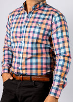 Camisa Hombre Casual Cuadros Azules Naranjas Rosas