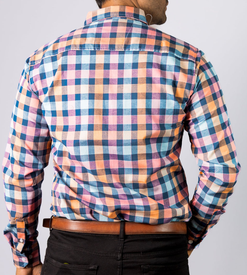 Camisa Hombre Casual Cuadros Azules Naranjas Rosas