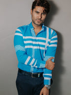 Camisa Hombre Casual Azul Cielo Detalle Griego Blanco