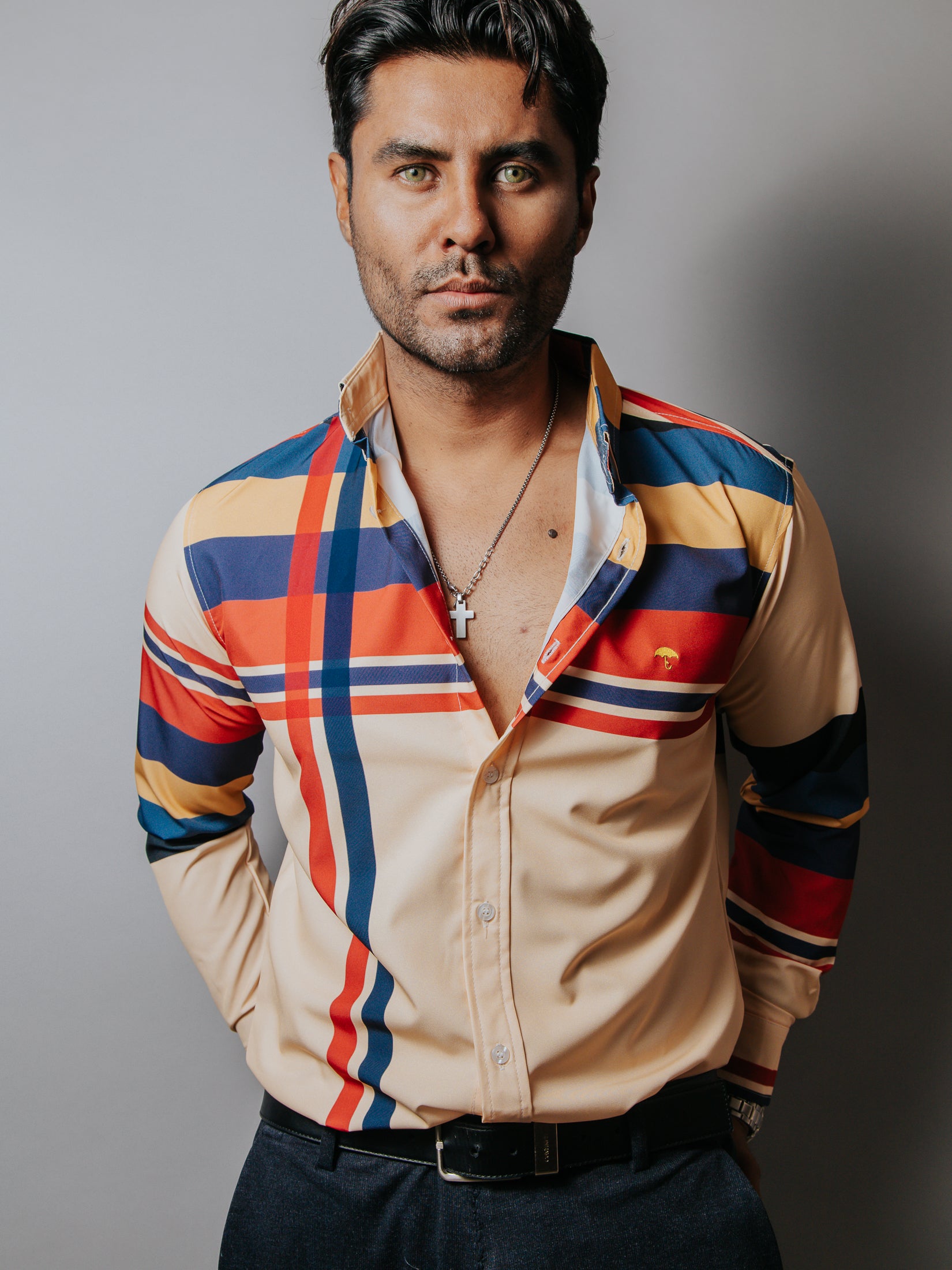 Camisa Casual Hombre, Melón Franjas Cafe Rosa Amarillo, Azul