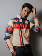 Camisa Casual Hombre, Melón Franjas Cafe Rosa Amarillo, Azul