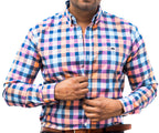 Camisa Hombre Casual Cuadros Azules Naranjas Rosas