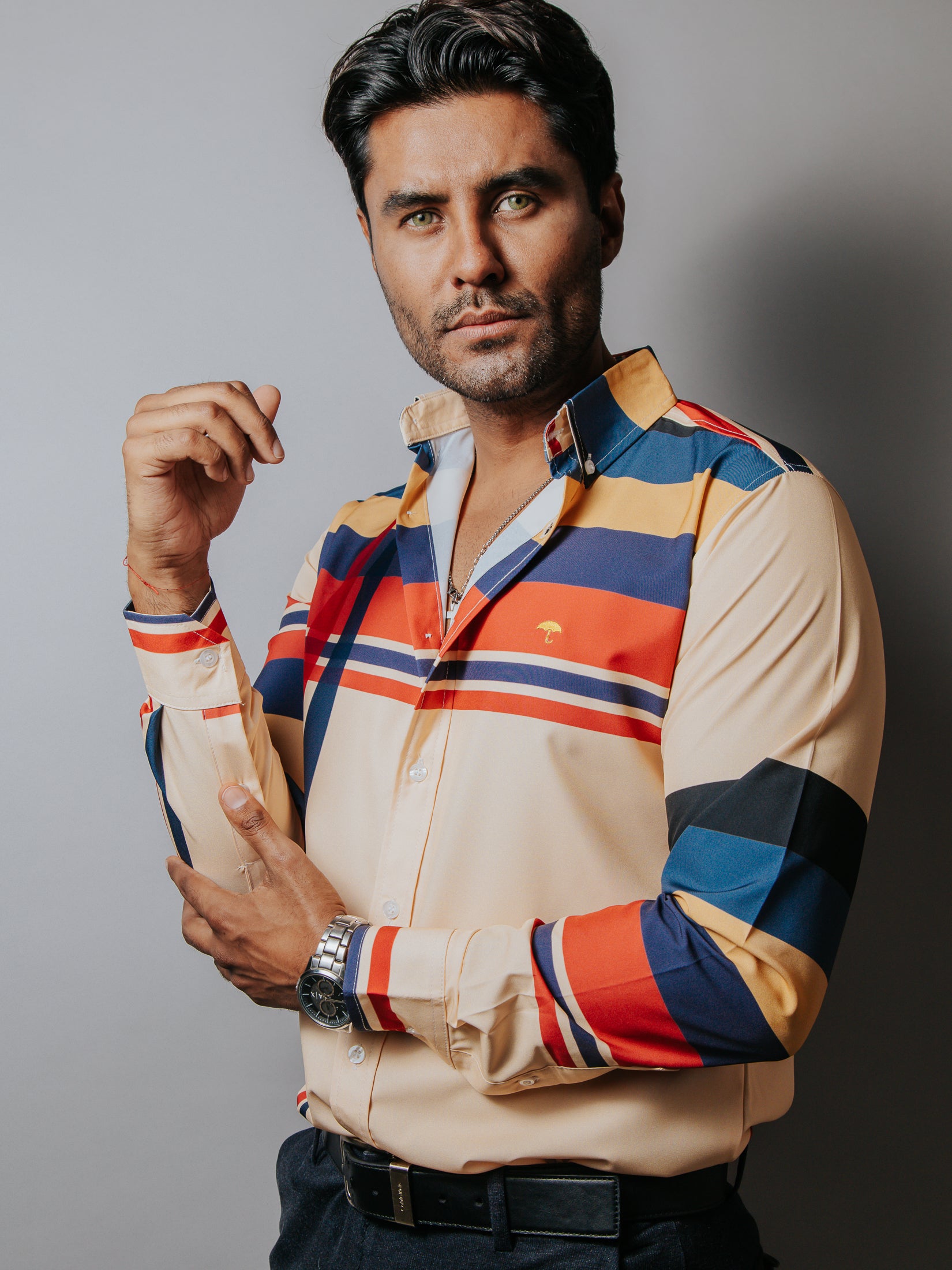 Camisa Casual Hombre, Melón Franjas Cafe Rosa Amarillo, Azul