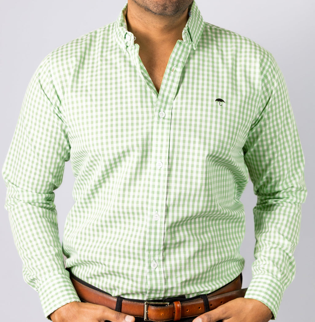 Camisa Hombre Casual Mini Cuadros Verde Blanco