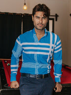 Camisa Hombre Casual Azul Cielo Detalle Griego Blanco
