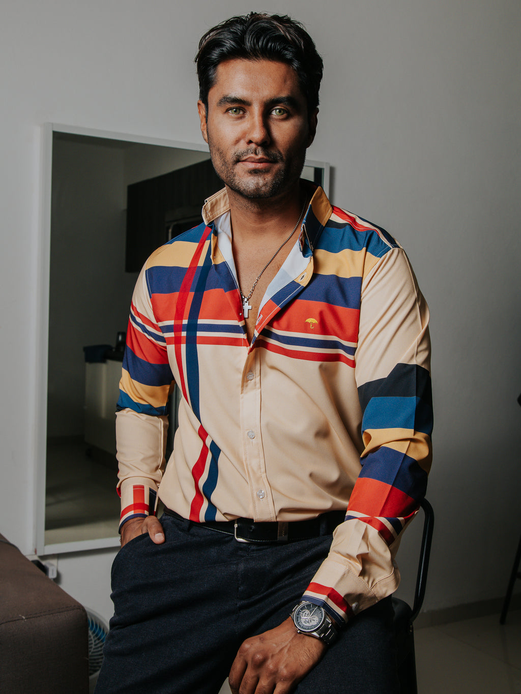 Camisa Casual Hombre, Melón Franjas Cafe Rosa Amarillo, Azul