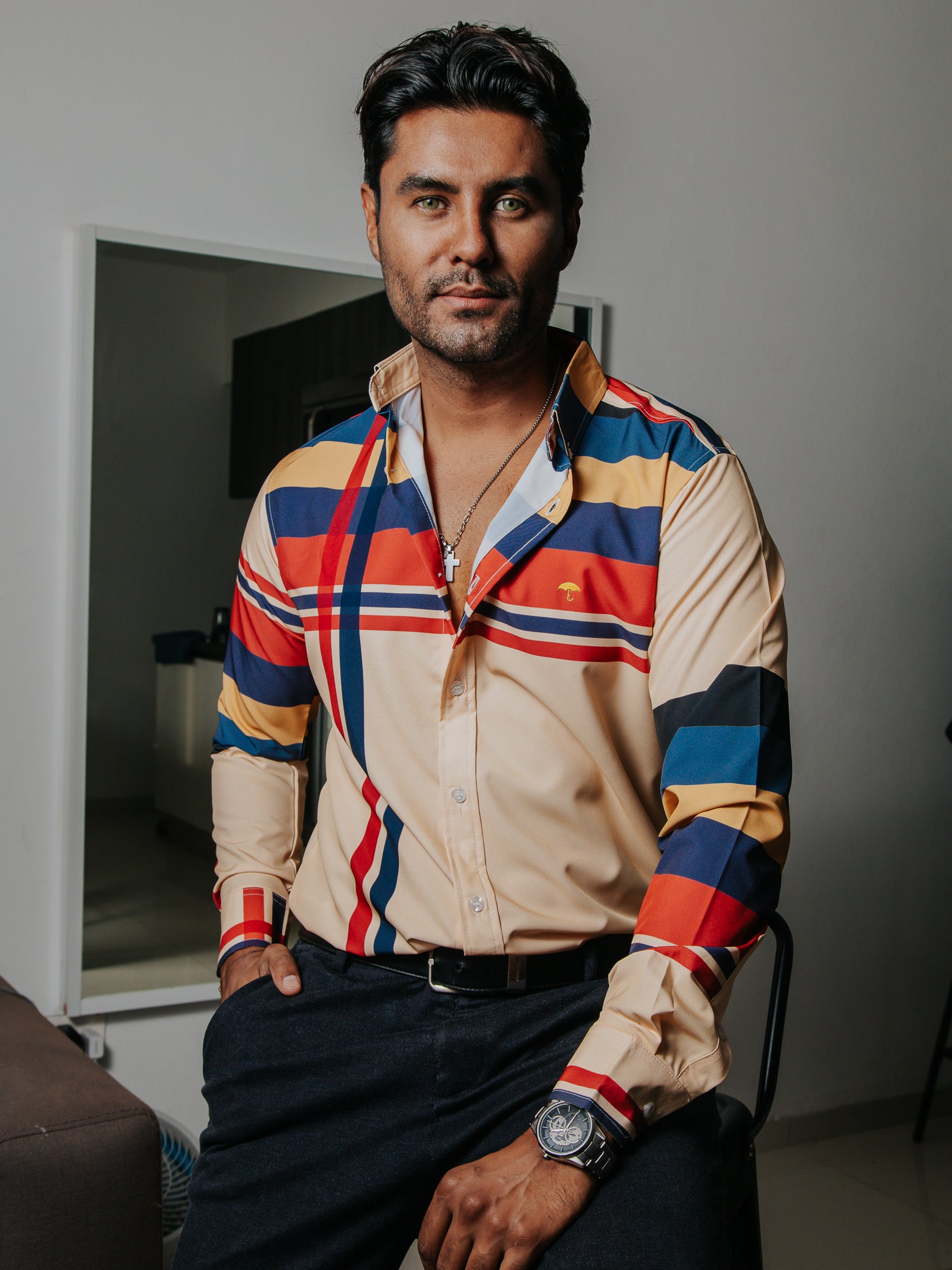 Camisa Casual Hombre, Melón Franjas Cafe Rosa Amarillo, Azul