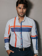 Camisa Hombre Casual Color Hueso Líneas Azul y Rojo