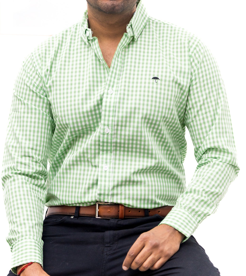 Camisa Hombre Casual Mini Cuadros Verde Blanco