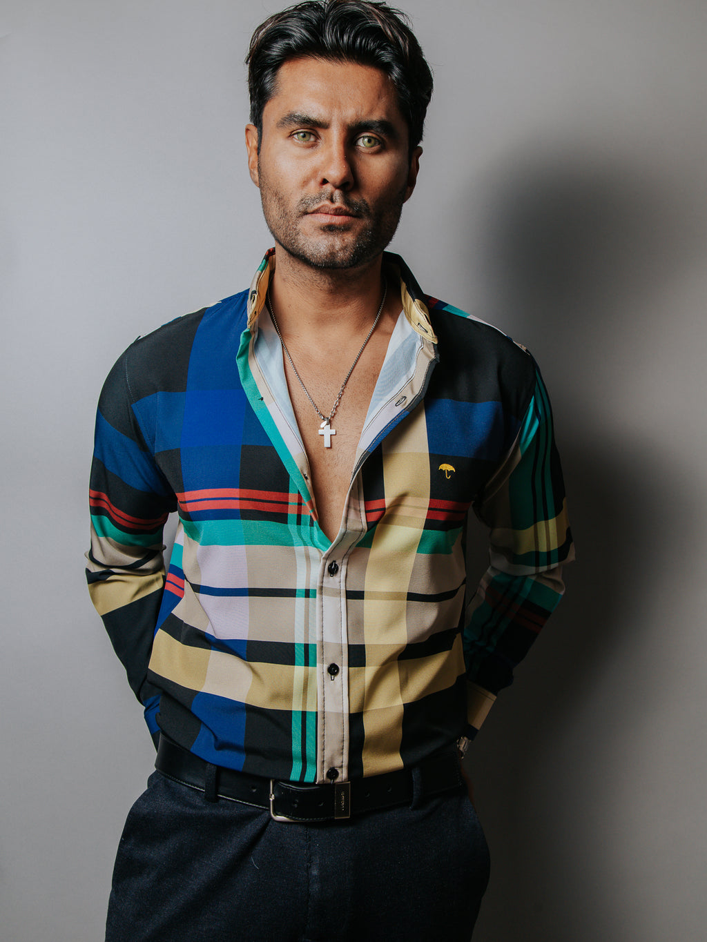 Camisa Casual Hombre, Negro Cuadros Colores - 34 (S)-Tiendas Platino