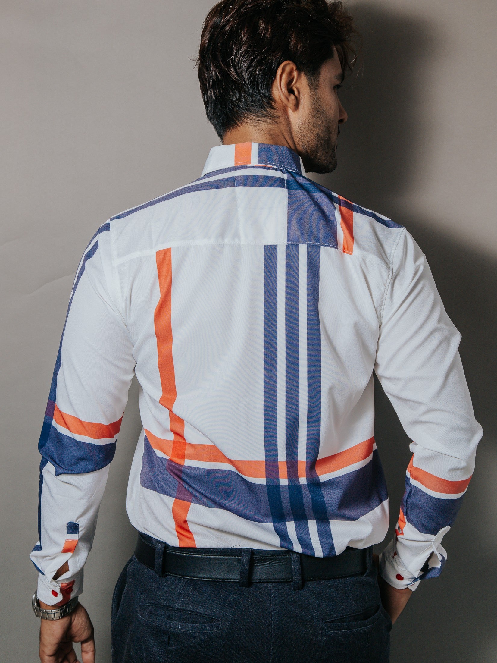 Camisa Hombre Casual Color Hueso Líneas Azul y Rojo