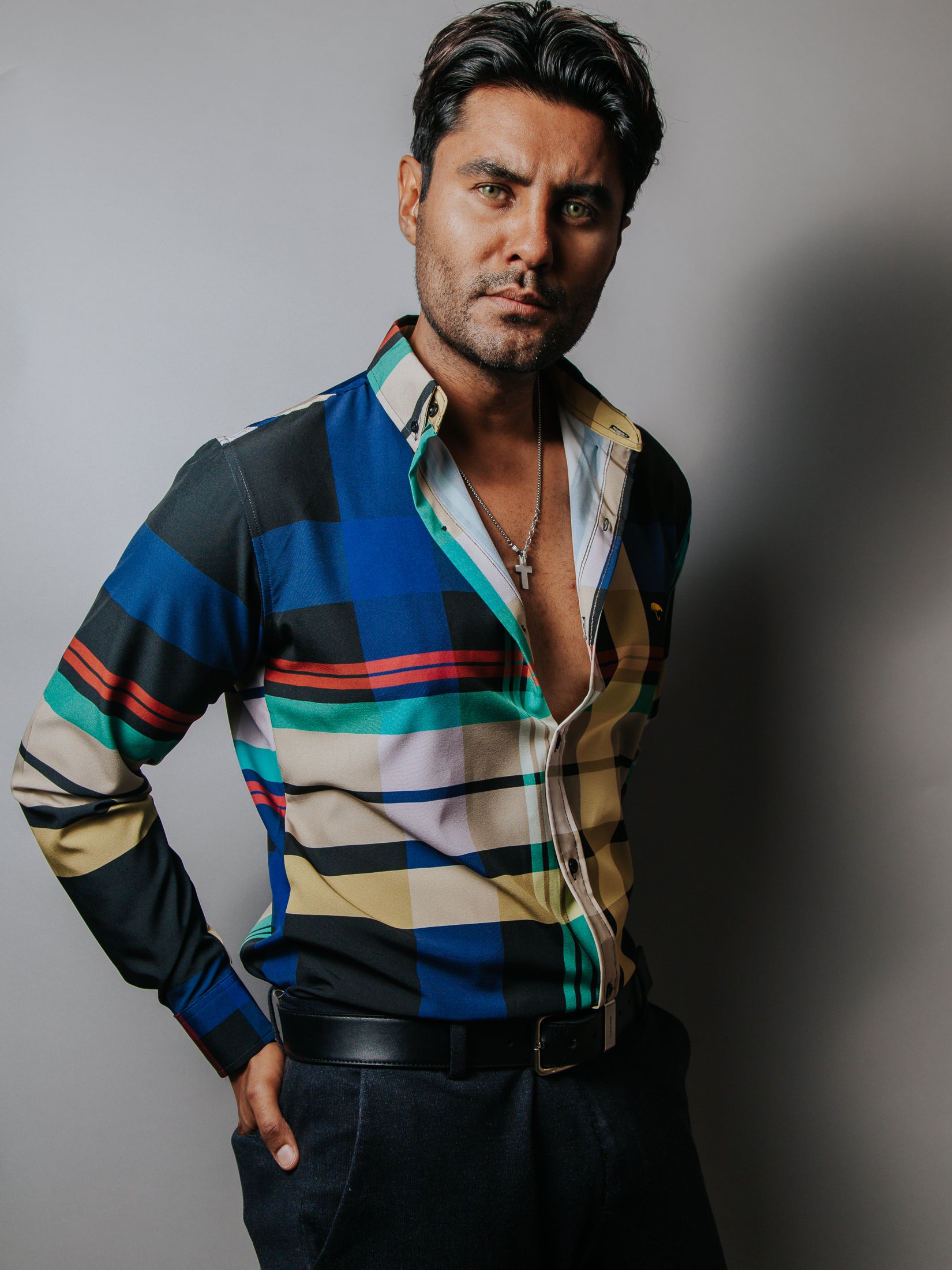 Camisa Casual Hombre, Negro Cuadros Colores - 34 (S)-Tiendas Platino