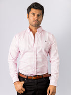 Camisa Hombre Casual Mini Cuadros Rosa Blanco
