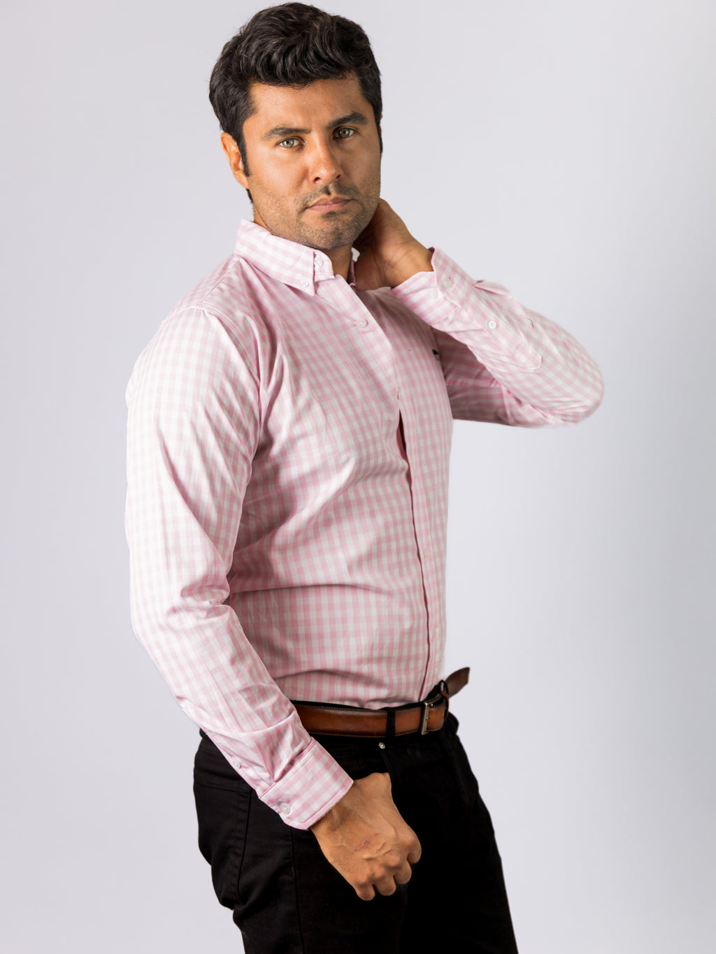 Camisa Hombre Casual Mini Cuadros Rosa Blanco