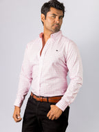 Camisa Hombre Casual Mini Cuadros Rosa Blanco
