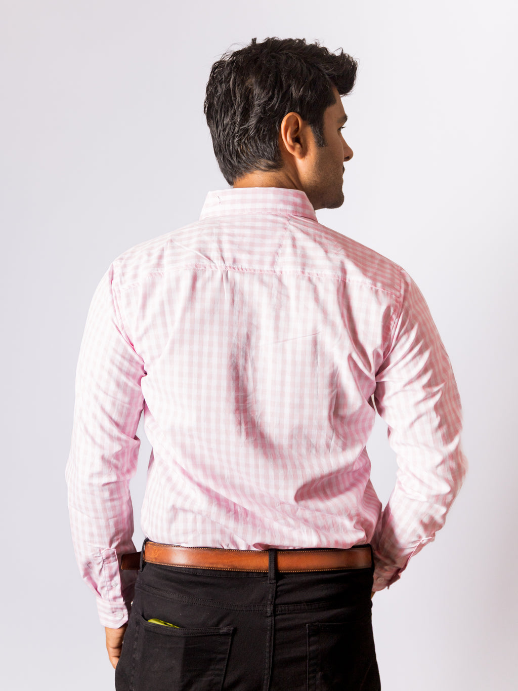 Camisa Hombre Casual Mini Cuadros Rosa Blanco