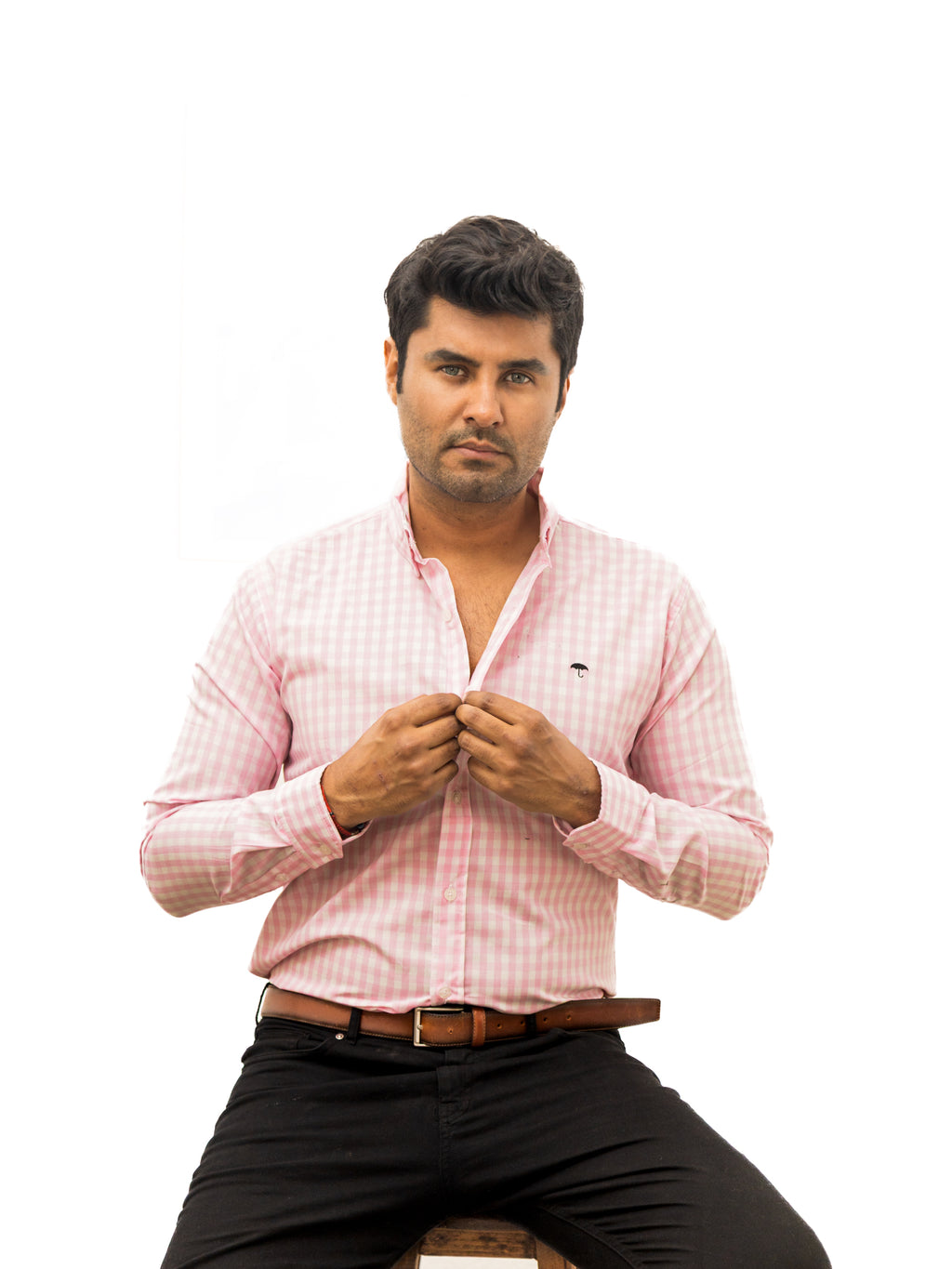 Camisa Hombre Casual Mini Cuadros Rosa Blanco