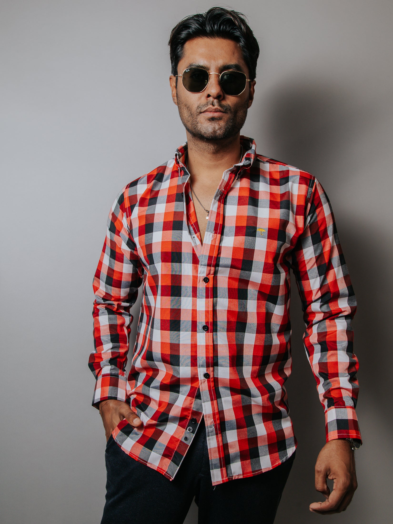 Camisa Casual Hombre Cuadros Rojo Blanco Y Negro - Tiendas Platino Camisas Hombre 34 (S)