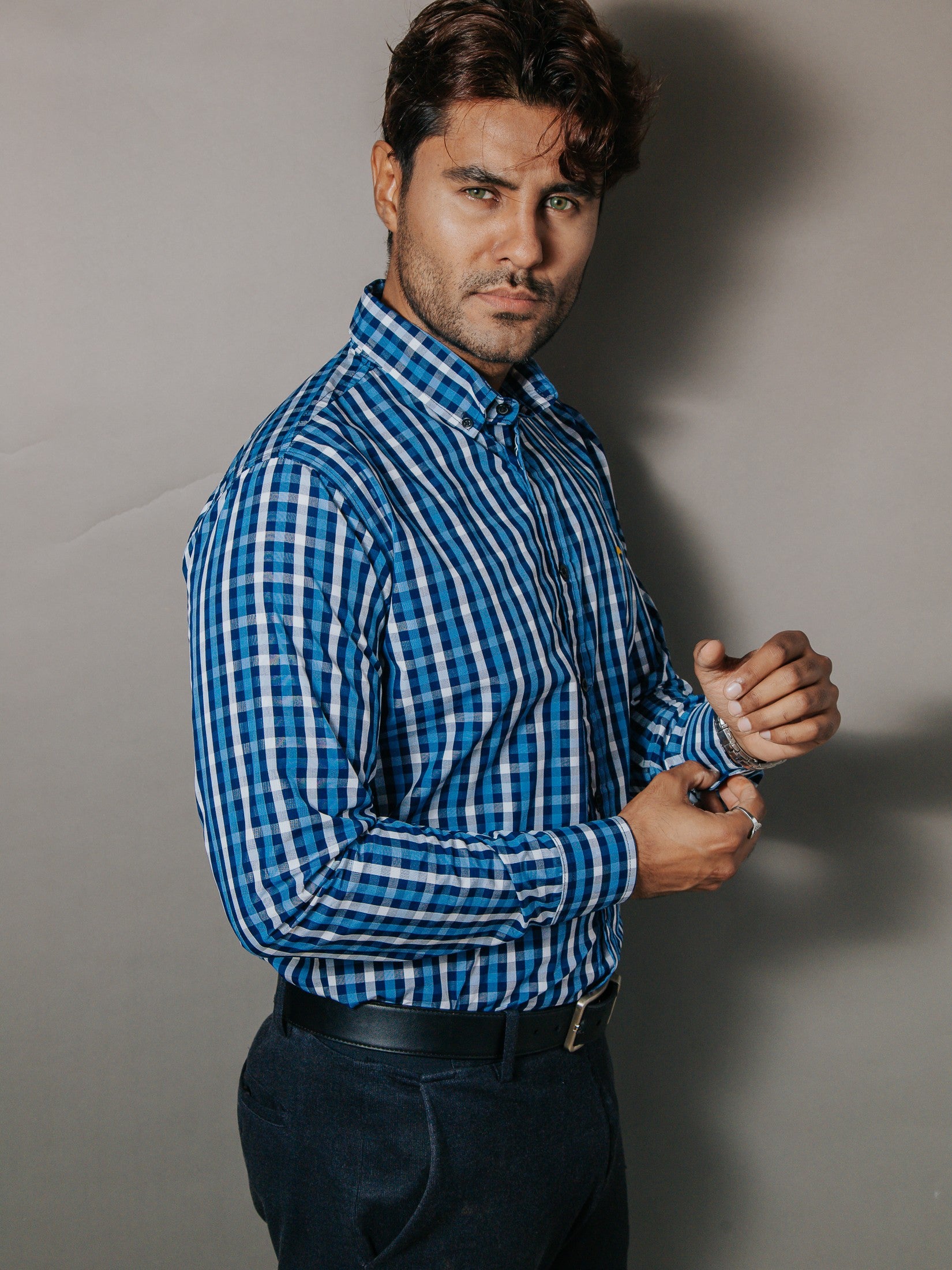 Camisa Hombre Casual Cuadros Azul y Gris