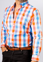 Camisa Hombre Casual Cuadros Naranjas Blancos Azules
