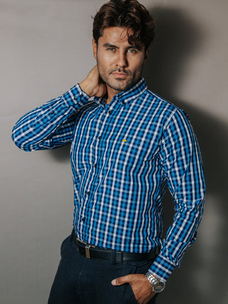 Camisa Hombre Casual Cuadros Azul y Gris