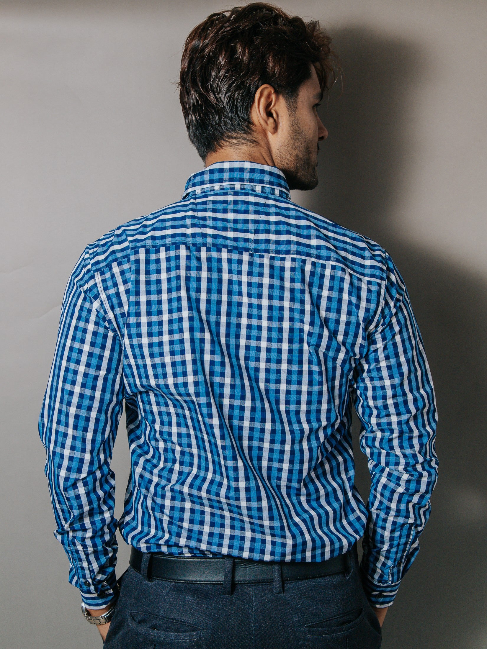 Camisa Hombre Casual Cuadros Azul y Gris