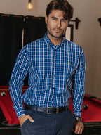 Camisa Hombre Casual Cuadros Azul y Gris