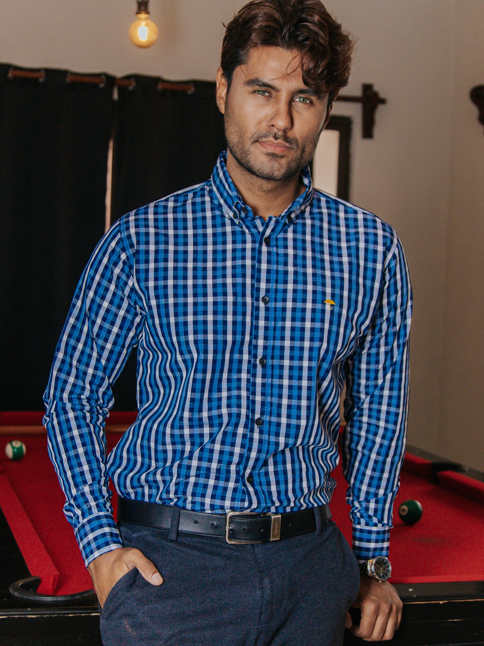 Camisa Hombre Casual Cuadros Azul y Gris