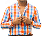 Camisa Hombre Casual Cuadros Naranjas Blancos Azules