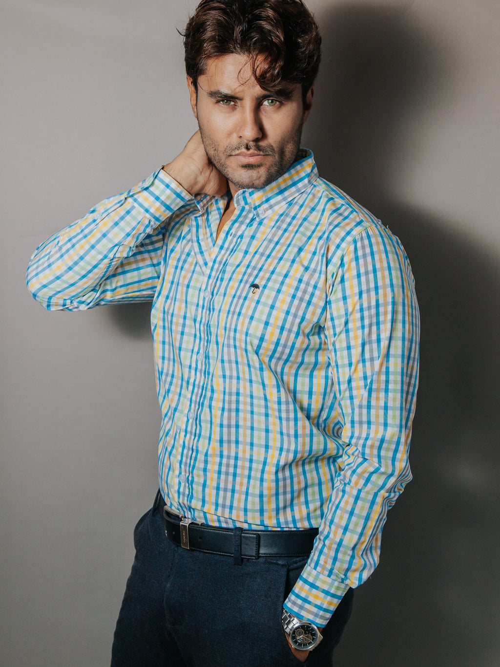 Camisa Hombre Casual Cuadros Pastel Amarillo Verde y Azul