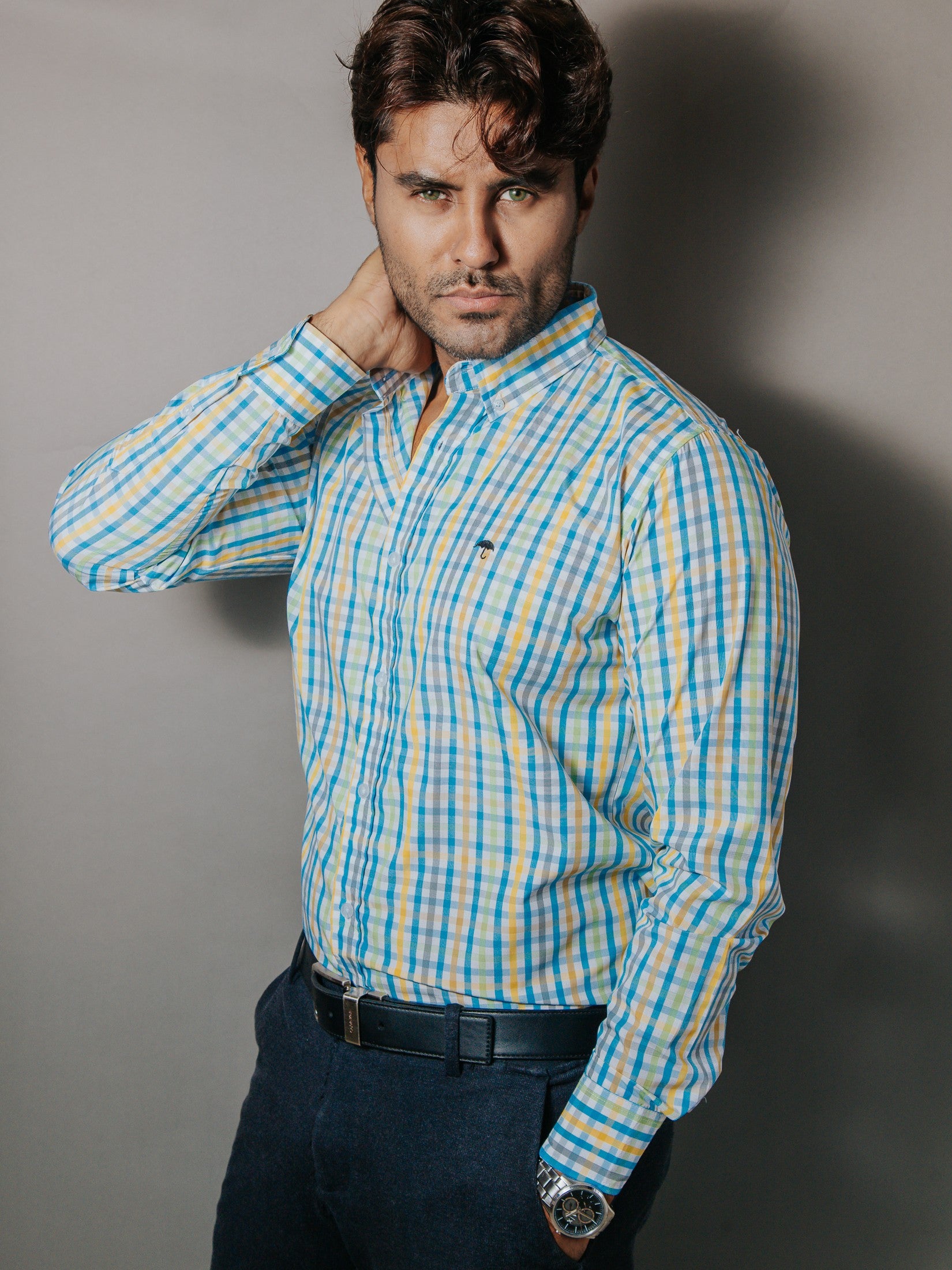 Camisa Hombre Casual Cuadros Pastel Amarillo Verde y Azul