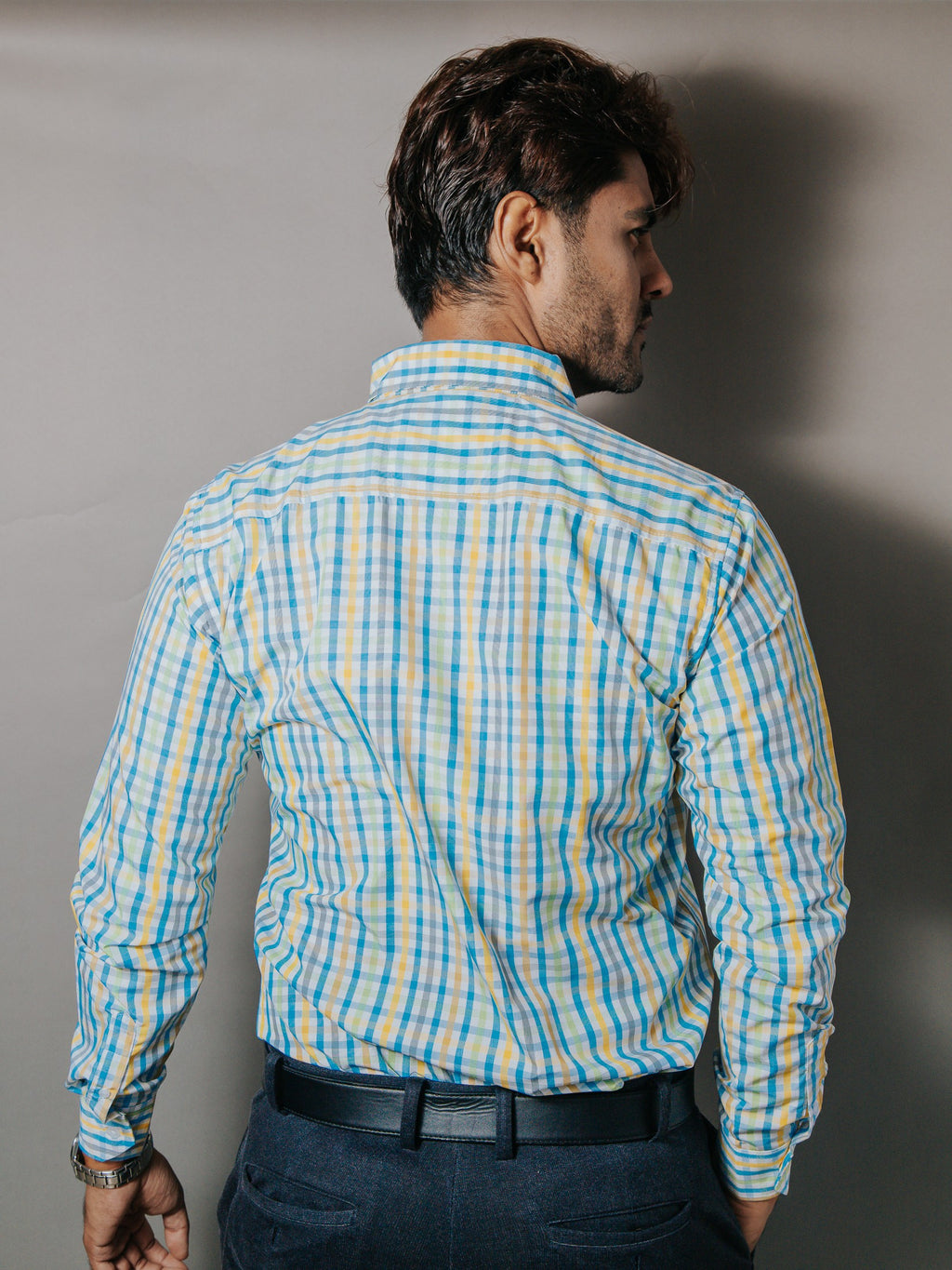 Camisa Hombre Casual Cuadros Pastel Amarillo Verde y Azul