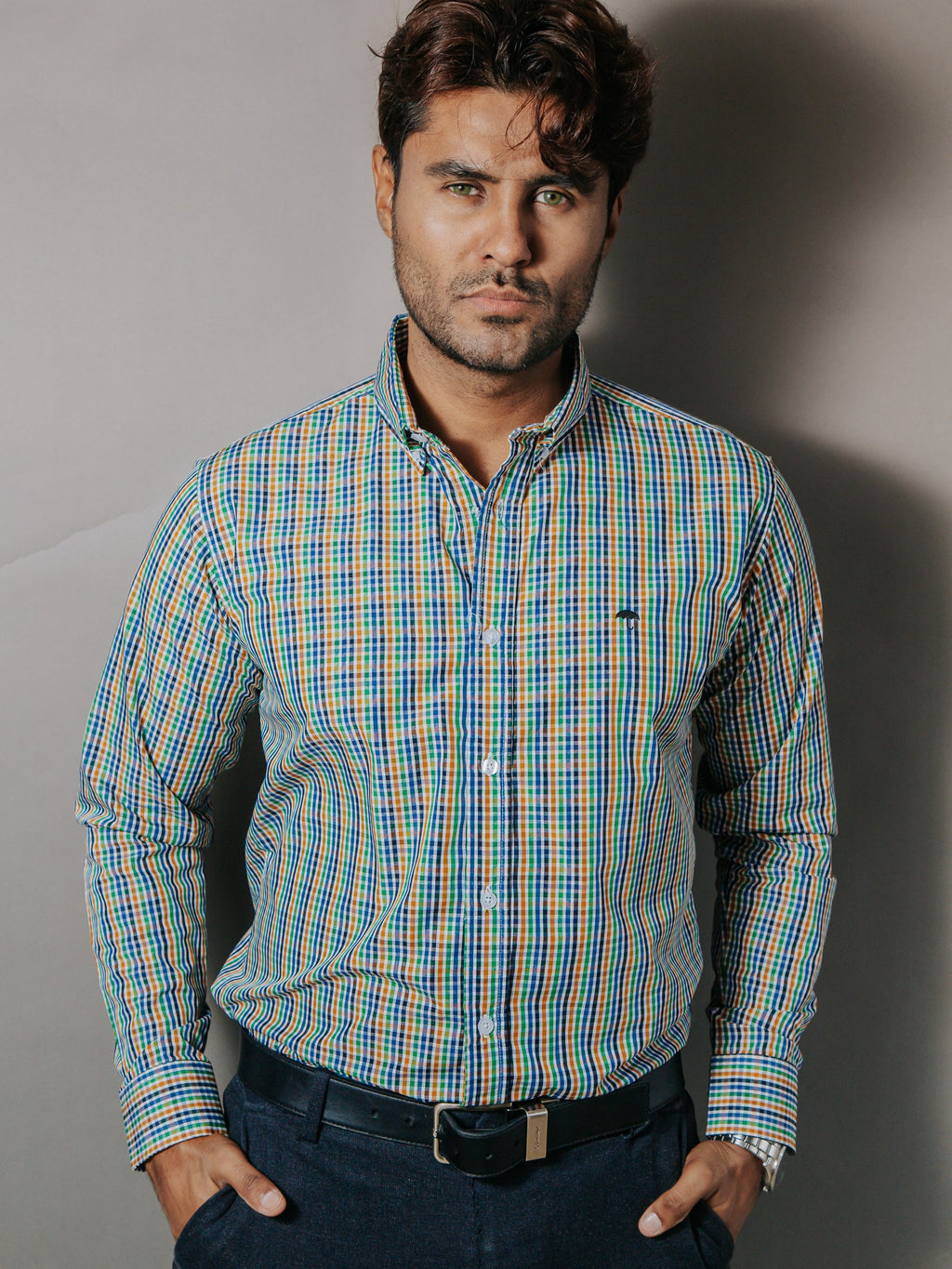 Camisa Hombre Casual Cuadros Amarillo Verde Gris y Negro