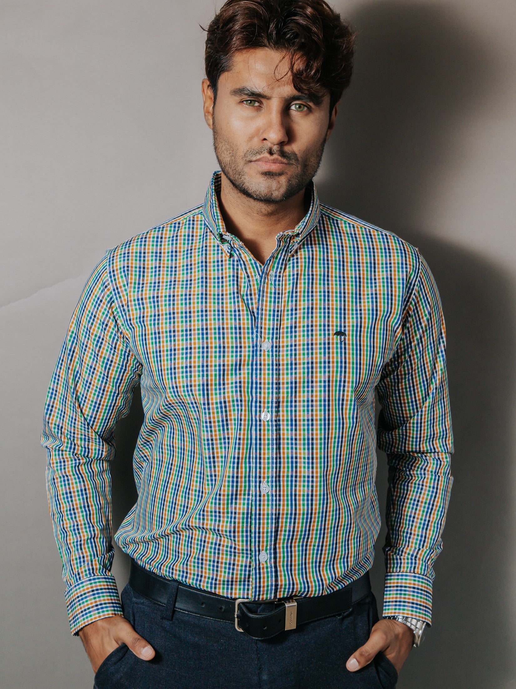 Camisa Hombre Casual Cuadros Amarillo Verde Gris y Negro