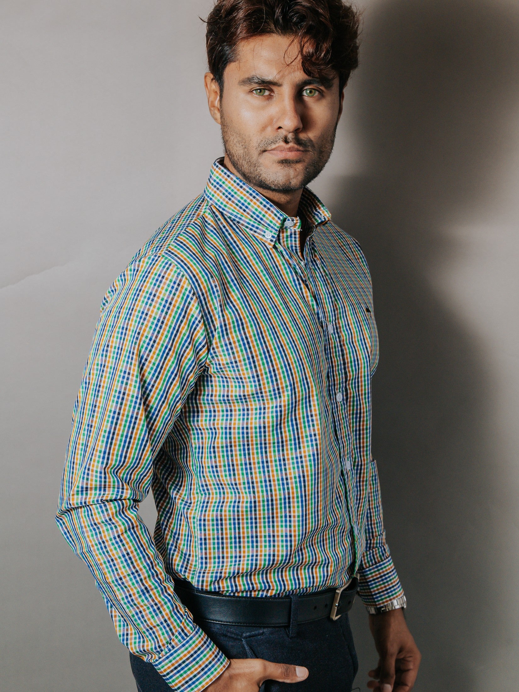 Camisa Hombre Casual Cuadros Amarillo Verde Gris y Negro