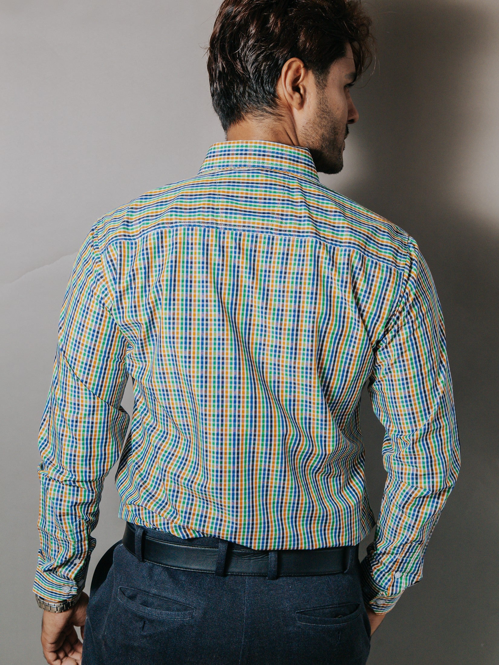 Camisa Hombre Casual Cuadros Amarillo Verde Gris y Negro